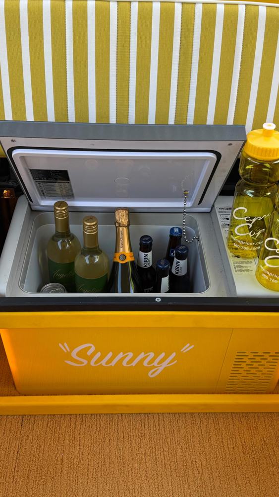 Sunny's built-in refrigerator stocked with drinks